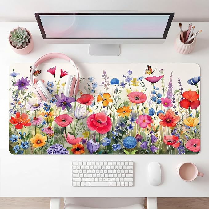 Geyoga Flower Mouse Pad for Desk 31.5 x 15.7 in Pink Floral Desk Mat for Desktop XL Large Computer Laptop Protector Keyboard Mouse Pad for Woman Back to School Gifts Work Office Home Decor