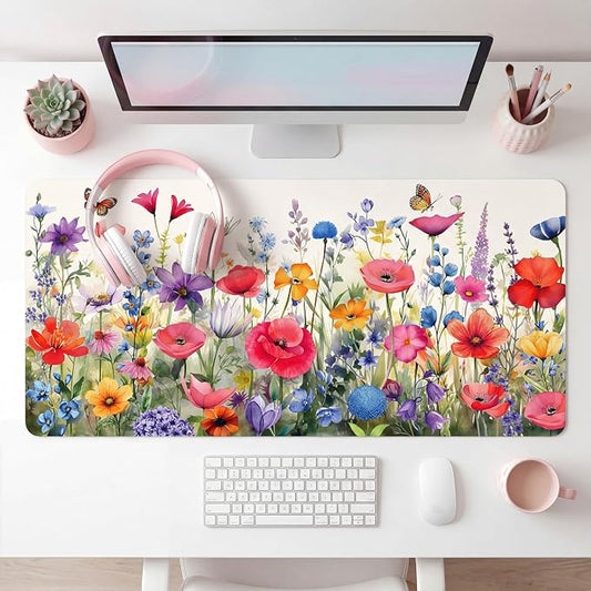 Geyoga Flower Mouse Pad for Desk 31.5 x 15.7 in Pink Floral Desk Mat for Desktop XL Large Computer Laptop Protector Keyboard Mouse Pad for Woman Back to School Gifts Work Office Home Decor
