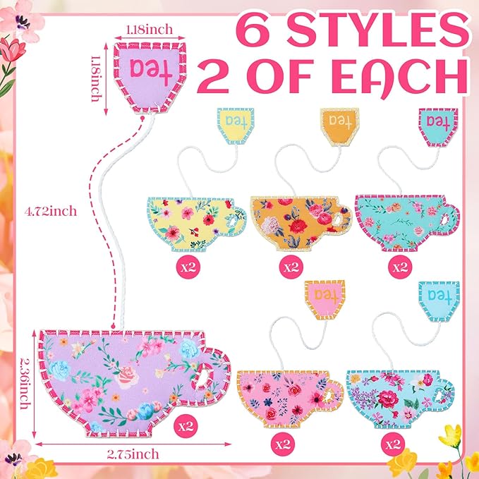 Resurhang 24 Pcs Tea Bag Bookmarks Tea Party Favors Cute Hand Embroidered Teapot Bookmarks Gift for Spring Holiday Teacher Women Book Reading Lovers Gift Book Marks (Classic)