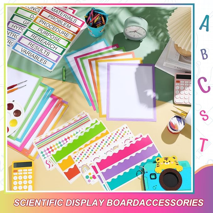 Fuyoooo 90 Pcs Science Fair Board Supplies 60 Trim Scalloped Bulletin Board Borders 24 Presentation Board Subtitles 6 Science Fair Titles for Classroom Display Boards(Colorful)