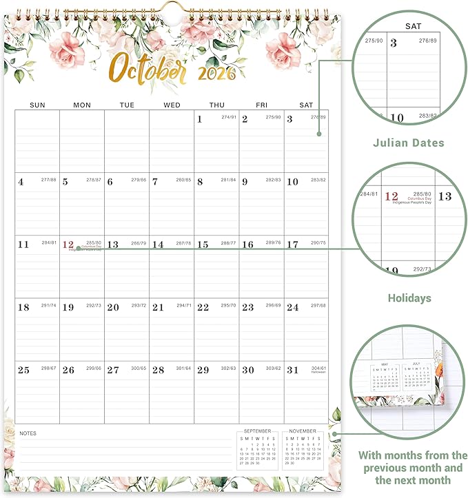 2026 Wall Calendar - Calendar 2026 Wall, Jan 2026 - DEC 2026, 12" x 17", Large Blocks, Hanging 2026 Wall Calendar 12 Months, Floral Calendar for Living Room