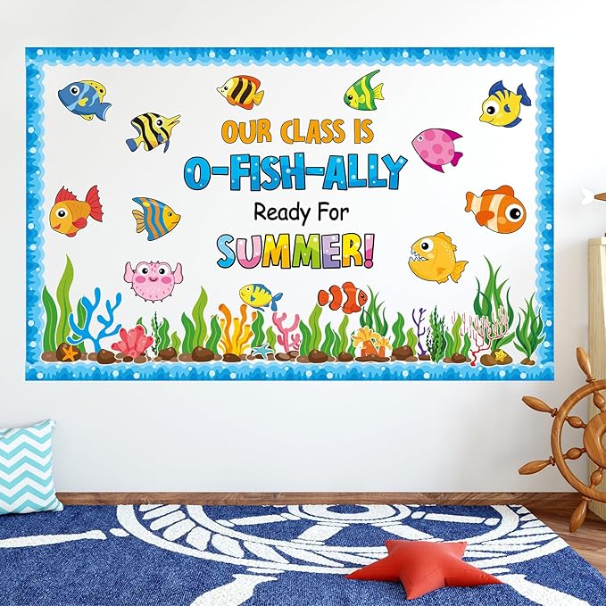 Justforjoyful Summer Ocean Sea Bulletin Board Decorations O-Fish-Ally Ready for Summer Theme Classroom Back to School Bulletin Board Border Set Tropical Marine Fish Paper Cutouts for School Home Decor