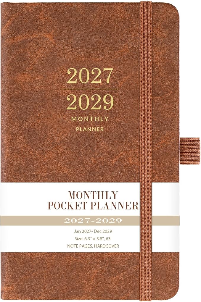 2027-2029 Monthly Pocket Planner - JAN 2027 - DEC 2029, 3 Year Calendar, Faux Leather Cover, 3.8" × 6.3", Pen Holder, 2 Bookmarks, Back Pocket