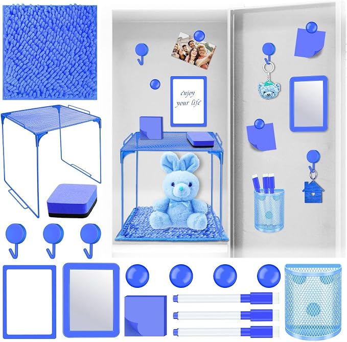 Demonwer Locker Accessories with Locker Shelf Locker Mirror Magnetic Pen Holder Sticky Note Whiteboard Mat Blue Locker Organizer for Work Mesh Metal Shelf Accessories Kit for School Office Supplies