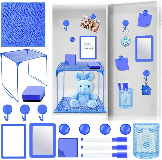 Demonwer Locker Accessories with Locker Shelf Locker Mirror Magnetic Pen Holder Sticky Note Whiteboard Mat Blue Locker Organizer for Work Mesh Metal Shelf Accessories Kit for School Office Supplies