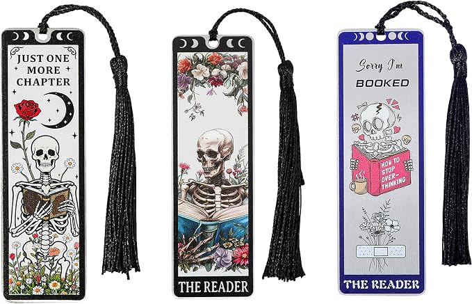 3Pcs Unique Skull Reader Bookmark - Metal Bookmark with Black Tassel, Star and Rose Pattern, Engraved “THE Reader” for Dark Gothic Lovers, Women Readers Fantasy Gift Gothic Gift (3PCSE)