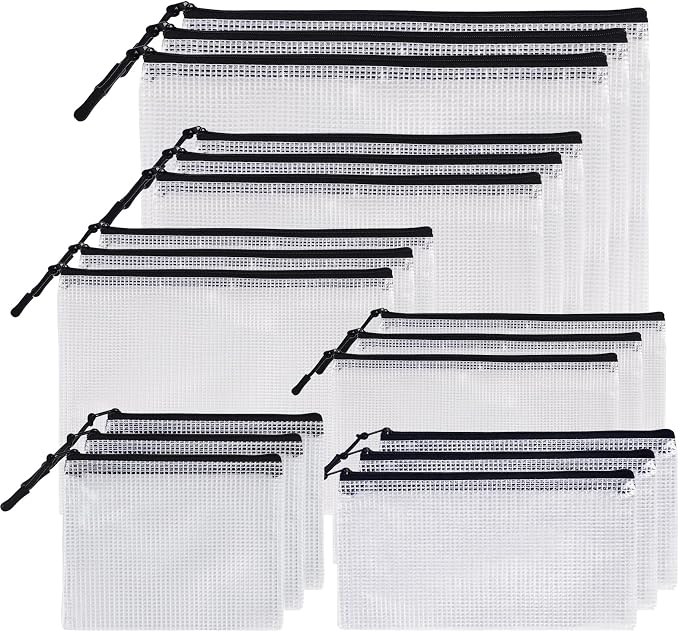 MultiBey 18 Pack Mesh Zipper Bags, 6 Sizes Black Waterproof Organizer Pouches for Puzzles, Travel, Office and School Supplies