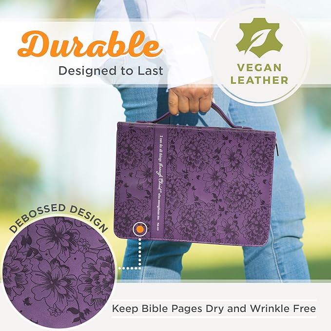 Christian Art Gifts Women's Fashion Bible Cover I Can Do All Things Philippians 4:13, Purple Floral Faux Leather (Large)