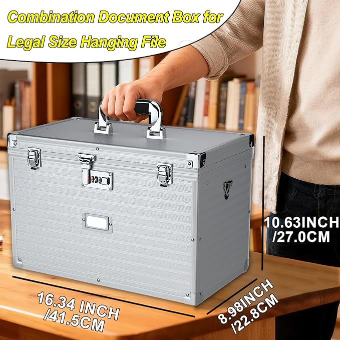 File Storage Cabinet File Organizer Document Organizer File Box in Office and Home with Combination Lock with 20 Legal Size Hanging Files (Stripe Silver)