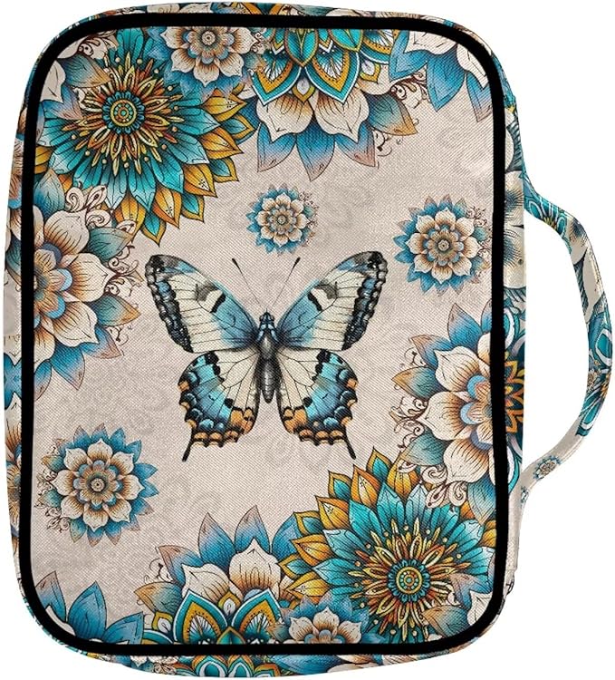 Suobstales Boho Butterfly Print Bible Cover Portable Carrying Book Case Multi-Functional Bible Organizer Case with Handle and Zippered Back Pocket