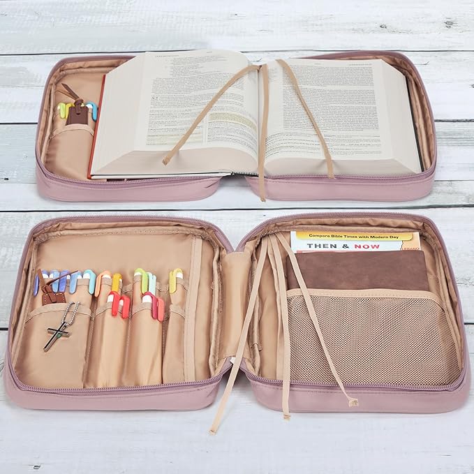 FINDCOZY Bible Cover for Women, Durable Carrying Book Case Church Bag for Biblical Accessories with Handle and Zippered Pocket, for Scriptures, Peach Pink