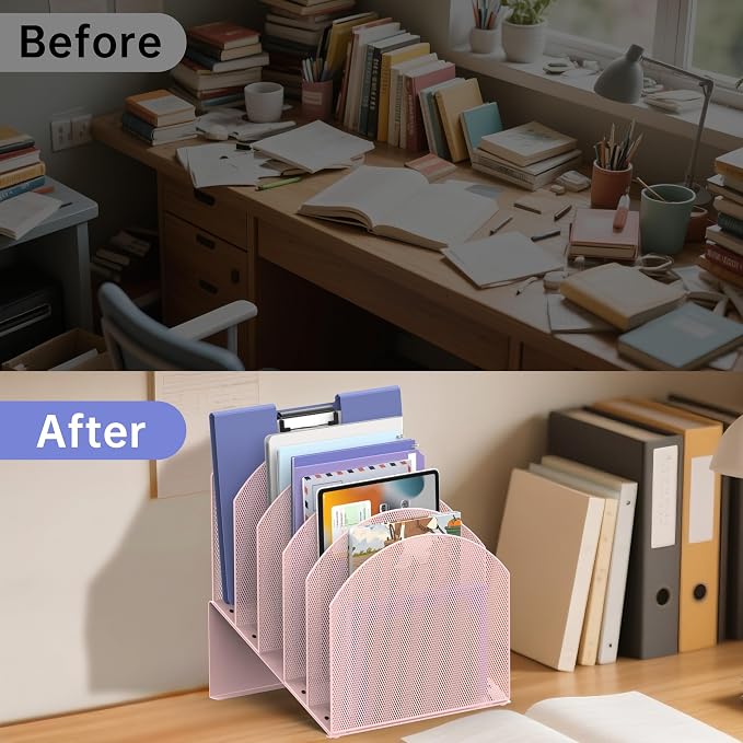 5-Section Desk File Organizer, Vertical File Organizer for Desk, Mesh Mail Holder for Letter Size Folders, Pink