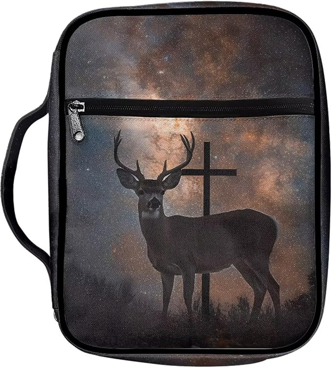 Suobstales Deer Cross Galaxy Print Bible Cover Portable Carrying Book Case Multi-Functional Bible Case Bible Organizer Case with Handle and Zippered Back Pocket