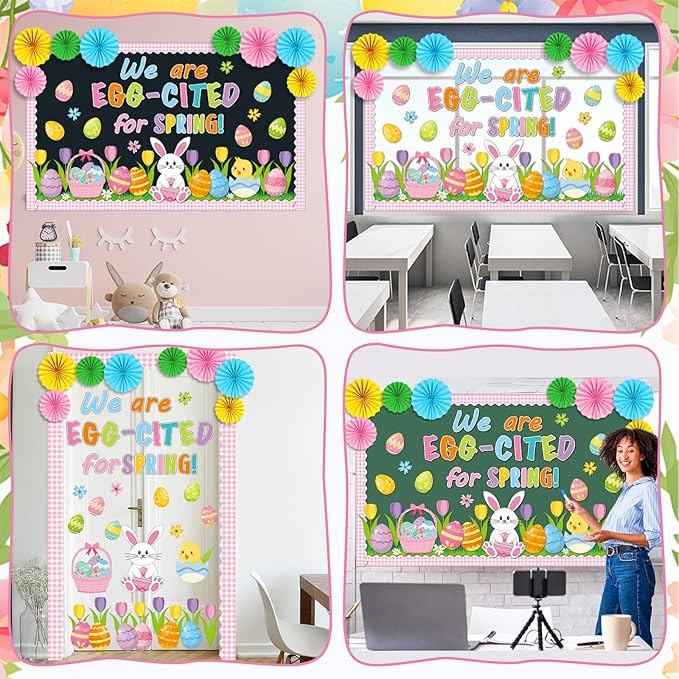 Easter Spring Bulletin Board Decorations Set Easter Bunny Egg Classroom Decorations with 3D Paper Fans We are Egg Cited for Spring Floral Peeps Cutouts for School Church Office Chalkboard Wall Decor