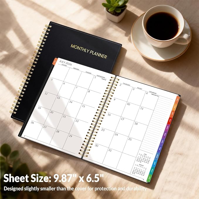 SUNEE Monthly Planner 2026-2027 - 18 Months Calendar Planner from Jul 2026 to Dec 2027, 7"x10" Yearly Planner with Tabs, Spiral Binding, Organizer for School Office Home, Black