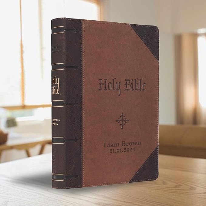 Personalized KJV Two-Tone Large Holy Bible Brown Faux Leather King James Version Giant Print Size with Index Tabs | Custom with Name, Date or Text | Gift for Christian & Religious Celebrations