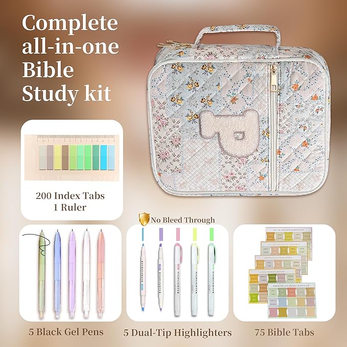 Personalized Initial Bible Cover Case for Women – Large Quilted Bible Bag with Handle, Chenille Letter, Bible Study Kit, Christian Gift for Mom, Grandma & Daughter (Patchwork Floral-P)