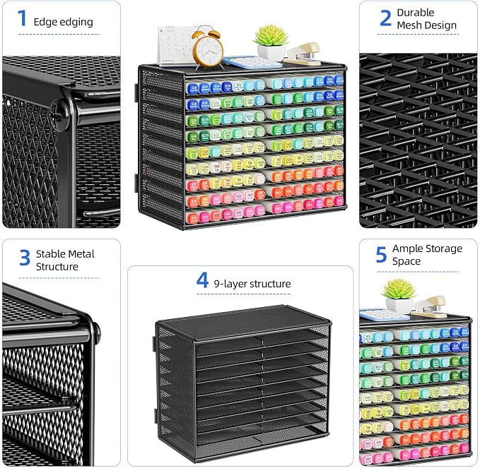 Marbrasse Mesh Marker Organizer, Metal Desktop Storage Rack for 126 Markers, Pens, Pencils, 9 Tier Marker Holder for Office Classroom & Home Art Supplies(Black)