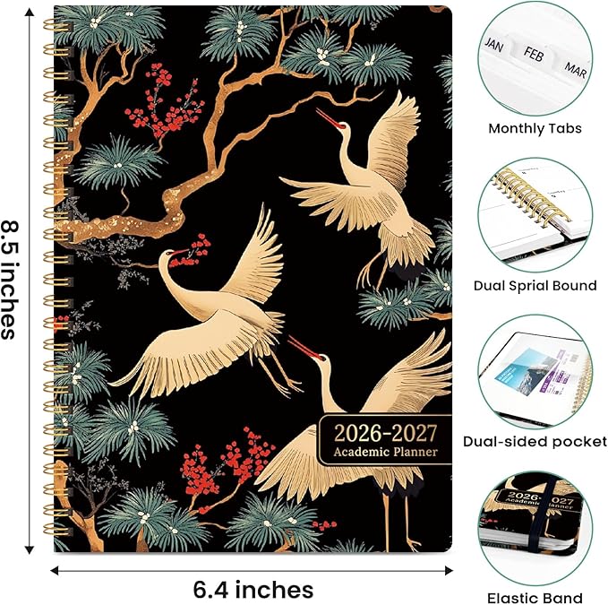 Academic Planner 2026-2027, Weekly and Monthly Calendar Book, July 2026 – June 2027, Hardcover Planner with Tabs, Perfect for Teachers, Students, Women & Men, A5 (6.4" x 8.5") - Crane