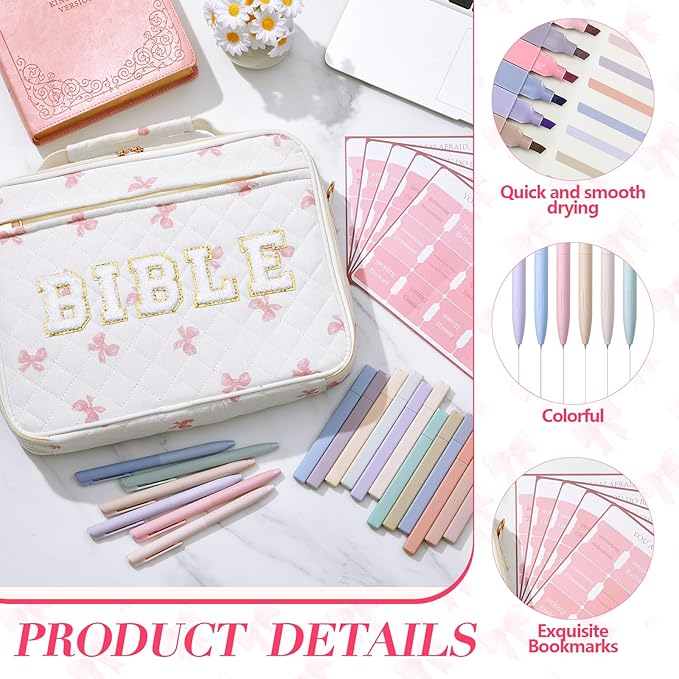 Sinload Quilted Bible Cover Case for Women 12 x 9 x 2.5 Inch Bible Chenille Letter Bag with Shoulder Strap Carrying Tabs 6 Colored Pens 12 Highlighters Christian Church Study Gifts(Pink,Bow)