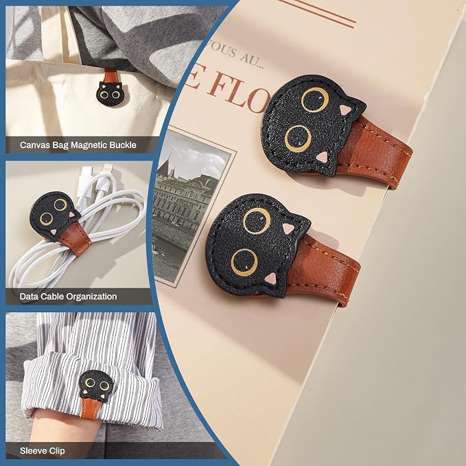 2Pcs Magnetic Leather Bookmarks with Gift Box Magnetic Pen Holder Book Marks Clip Gift for Book Lover Readers Men Women Teachers Students, Cat (Brown+Brown)