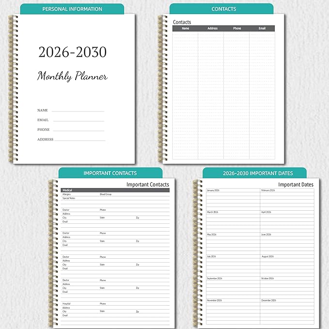 2026-2030 Monthly Planner 5 Year Monthly Planner/Calendar 2026-2030, Jan 2026 – Dec 2030, 9" x 11", Tabs, Double-Side Pocket, Holidays, Thick Paper - Purple