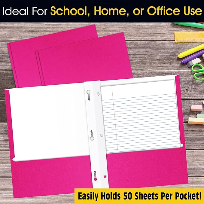 2 Pocket Portfolio Folders with Prongs (Metal Fastener Clips), 25 Pack, Cool Trendy Colors, Fits Letter Size Paper, for School, Office, Home, Matte Finish (Hot Pink)