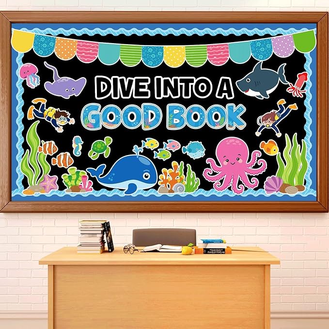 Summer Sea Animal Bulletin Board Decorations Dive into a Good Book Reading Summer Ocean Theme Classroom Back to School Bulletin Board Border Set Ocean Under the Sea Paper Cutouts for School Home Decor
