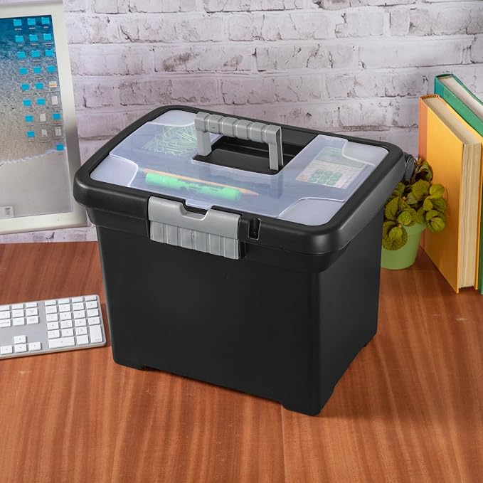 Lockable File Box, Stackable Document Organizer with Handle, Black | Portable structure, perfect for sorting papers and files in indoor storage spaces