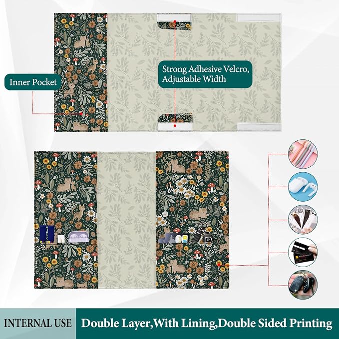 Cute Cat Book Cover for Paperbacks,Adjustable Washable Soft Canvas Fabric Book Cover with Pocket Bookmark,Double Side Floral Print Book Protector Covers for Hardcover Book Lover Gift Women