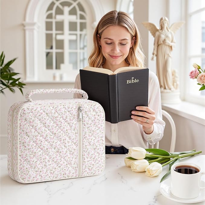 Quilted Bible Cover Case for Women with Bible Study Supplies Journaling Kit Floral Bible Bag Carrying Case with Pastel Highlighters Tabs, Women Christmas Christian Gifts (Pink Floral, L)