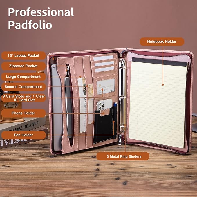 Personalized Leather Portfolio with 3 Ring Binder, Vegan Leather Padfolio Zippered, A4 Notebook Holder Customized Business Folder Organizer Gift for Women, Pink
