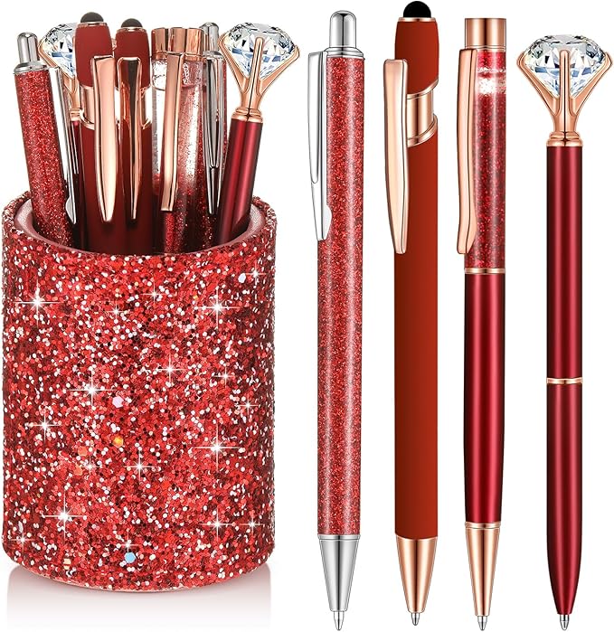 Sabary 8 Pcs Red Pens with Pen Holder for Desk Glitter Crystal Diamond Cute Ballpoint Fancy Pencil Holder Bling Desk Organizer for Women Girls School Office Supplies Wedding Graduation Gifts