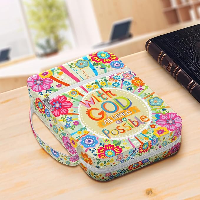Colorful Floral Bible Cover for Girls and Women, Scripture Verse Case with Handle and Front Pocket, Canvas Bible Bag for Standard Size, Inspirational Church for Bible Study Gift