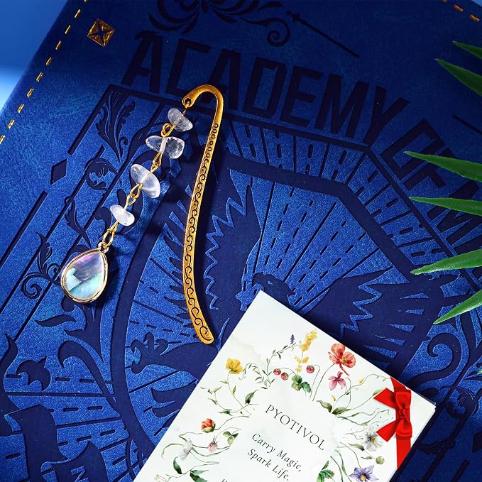 Vintage Metal Bookmark Pendant with Opal Drop Shell&White Quartz Crystal Stones Bead Chain–Elegant Opal Bookmarks for Women,Men,Book Lovers,Teachers and Girls(Gold)