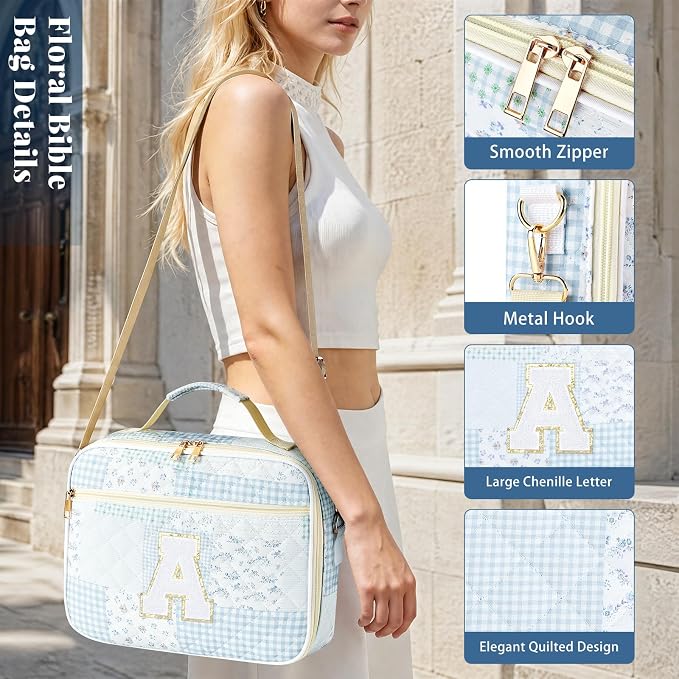 Personalized Initial Bible Cover Case for Women, Large Quilted Bible Bag with Durable Handle, Stylish Church Bag Journaling Kit with Study Supplies Accessories, Christians Gifts for Women (Spliced-A)
