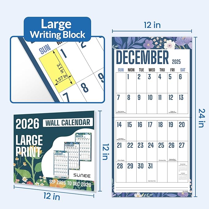 SUNEE Wall Calendar 2025-2026, Large Print Wall Calendar Sep.2025 - Dec.2026, 16-Months, Monthly Planner with Big Grid, Large Floral Colorful