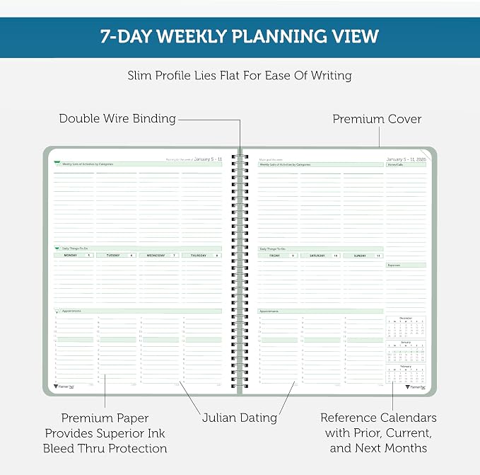 Planner Pad Spiral Bound January-December 2026/ Calendar Year 8 1/2" x 11" Large 3-Tier Funnel Down 12 Month Organizer, Greenish Grey Cover/Soft Green Ink