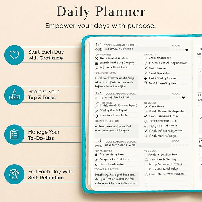 2026 Planner, Daily Journal & Gratitude Journal All-In-One with To Do List, Self Care Prompts & Habit Tracker - 7 x 10 - Teal