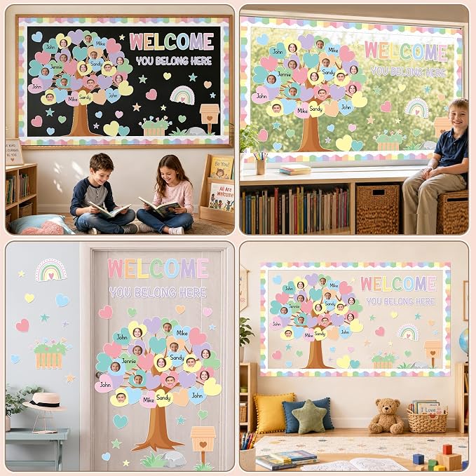 85pcs Pastel Classroom Tree Bulletin Board Heart DIY Photo Name Tags Crafts Cutouts Back to School Rainbow Accents You Belong Here Welcome Classroom Decor for Nursery Elementary Chalkboard Wall Decor