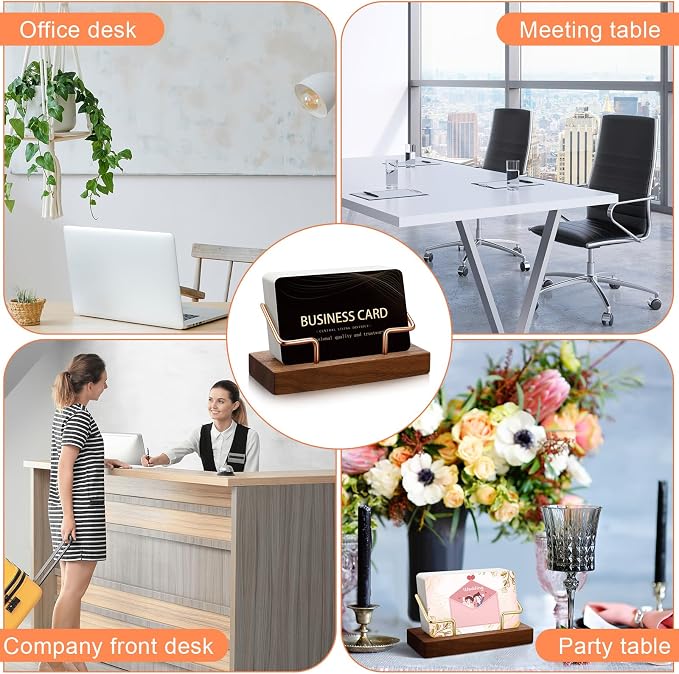 Amyhill 4 Pcs Wood Business Card Holder Display for Desk Metal Wooden Name Card Organizer Business Display Holders for Women Men Office Home Decoration(Rose Gold)