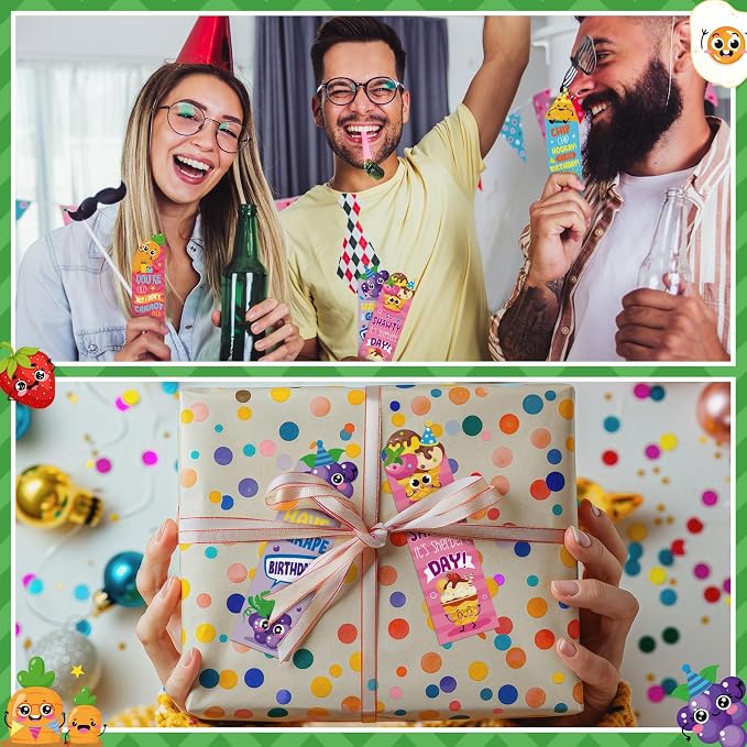 60 Pieces Happy Birthday Scented Bookmarks Fruit Food Themed Scented Birthday Bookmark Scratch and Sniff Bookmark with Funny Pun Sayings, Classroom Gifts for Kids Students Teacher Reward, 10 Styles