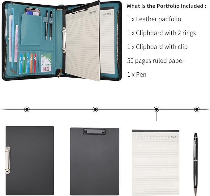 Wason A4 Portfolio with Zipper - Leather PU Padfolio with Detachable Ring Binder and Writing Notepad Holder, Conference File Multi-Pockets Organizer for Office Travel School (Cyan)