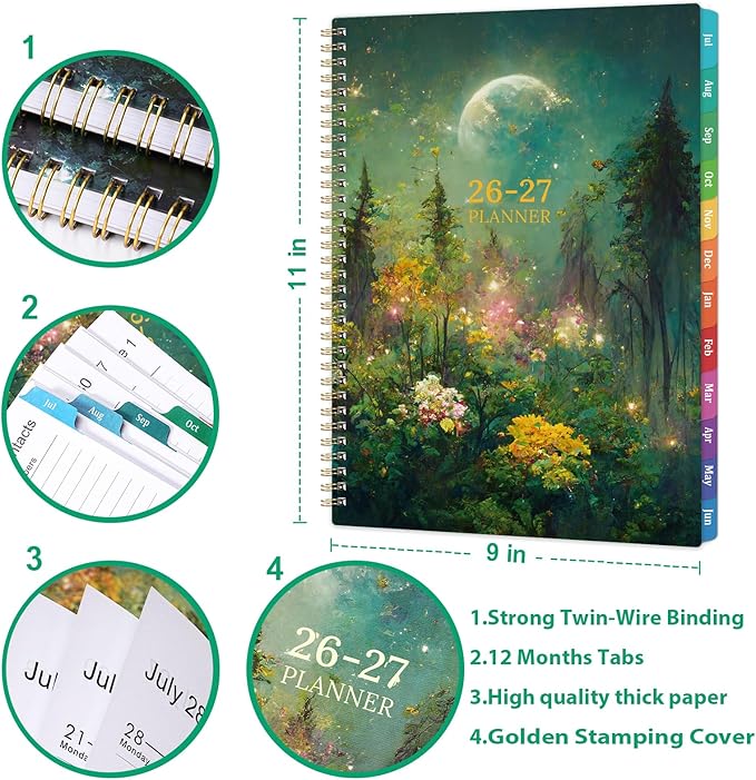 Planner 2026-2027 - Academic Planner 2026-2027, Jul.2026 - Jun.2027, 9" x 11", 26-27 Calendar Planner Weekly and Monthly with Colorful Tabs, Strong Twin-wire, Back Pocket - Dreaming Moon