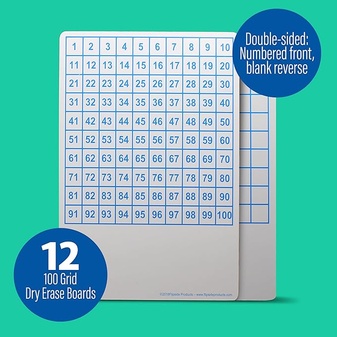 Flipside Products 9" x 12" Two Sided Dry Erase Board Hundreds Grid, Learn to Count, Counting Aid, Number Chart, Classroom and Home, Pack of 12