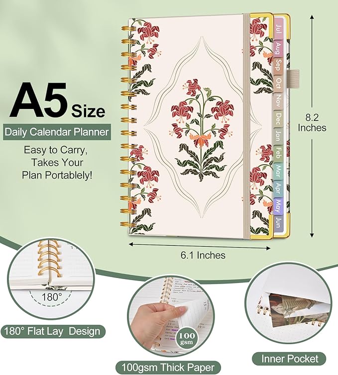 Academic Planner 2026-2027, Hardcover Weekly and Monthly Calendar Planner from July 2026 - June 2027, Daily Agenda Planners with Tabs, College School Organizer for Student Teacher, A5 (6.1" x 8.2"), Beige Bouquet