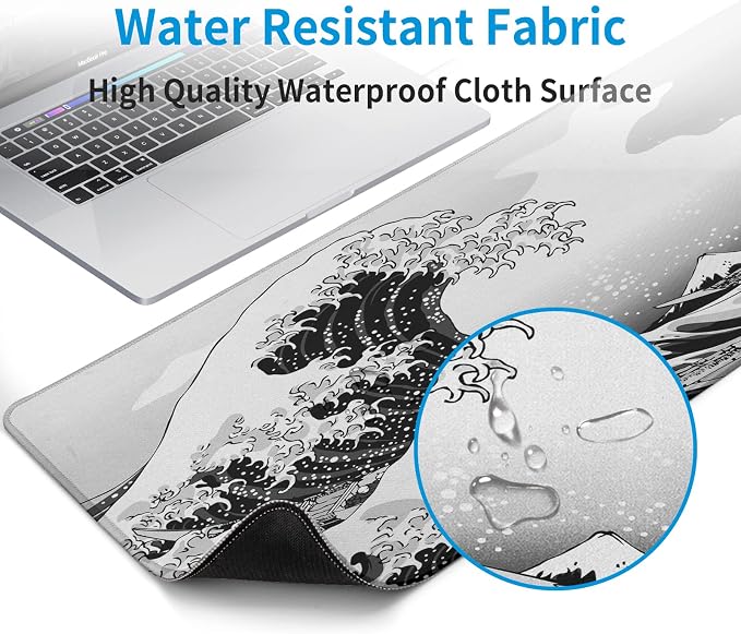 Sea Wave Large Gaming Mouse Pad Desk Pad with Stitched Edge 31.5''x11.8'' Mousepad Computer Keyboard Pad Non-Slip Rubber Base Desk Mat for Game,Work,Study