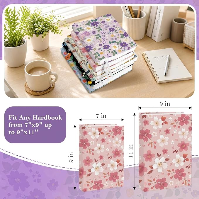 6 Pack Stretchable Book Covers, Jumbo Book Covers for Paperbacks Hardcover Books up to 9 x 11 Inches, Reusable Washable Protective Fabric Books Sleeves, Floral