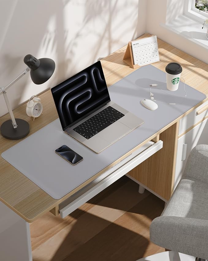 AFIING Leather Desk Pad Protector- 48" x 17" Office Desk Mat, Non-Slip PU Leather Mouse Pad, Waterproof Desk Blotter Mat, Desk Cover Mat for Office and Home (Light Grey)