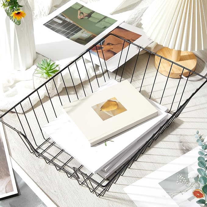 Yeaqee 12 Pcs Letter Tray Wire Paper Trays Black Stackable File Desk Organizer 16.5'' x 12'' x 5'' Metal File Paper Basket Holder for Desk Office Home Classroom School